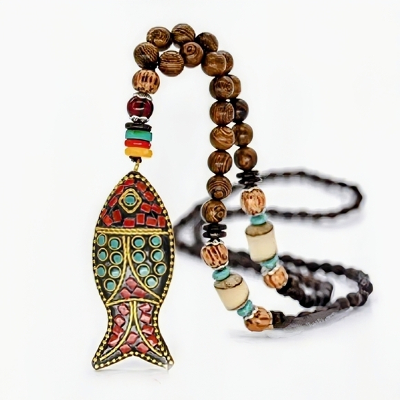 Long Sweater Necklace 20" Stone Bead Red Blue Pisces Fish Jewelry Boho Necklaces - Picture 10 of 10